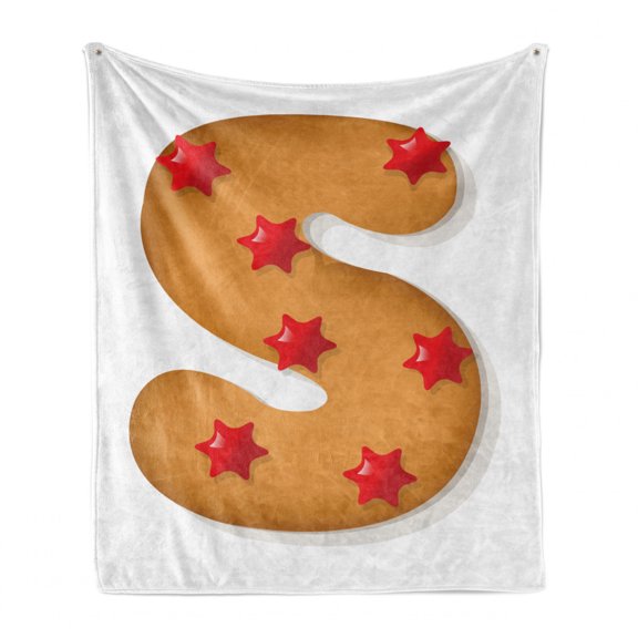 Christmas Alphabet Soft Flannel Fleece Blanket, Gingerbread Cookie Letter S with Warm Colored Star Ornament, Cozy Plush for Indoor and Outdoor Use, 60" x 80", Ginger Vermilion White, by Ambesonne