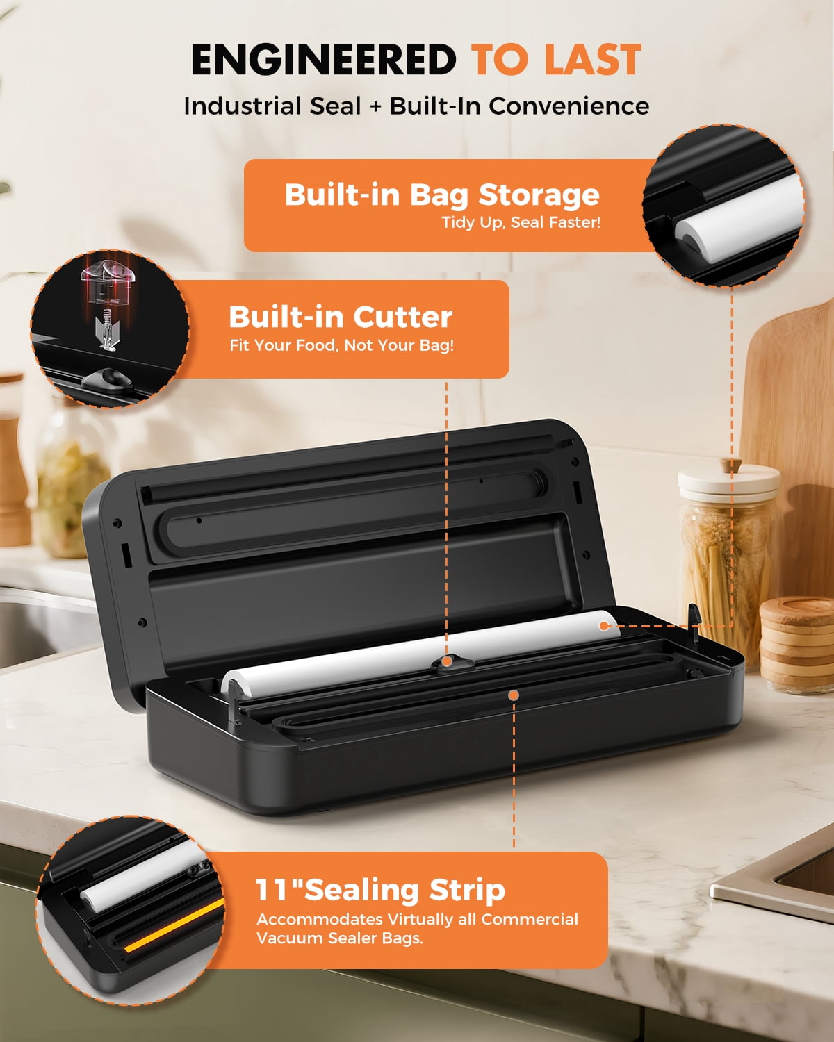 UPRUBE Vacuum Sealer for Food, 9-in-1 Built-in Cutter Food Vacuum Saver Sealer Machine, Include One Roll Bags ,95kPa Strong Vacuum
