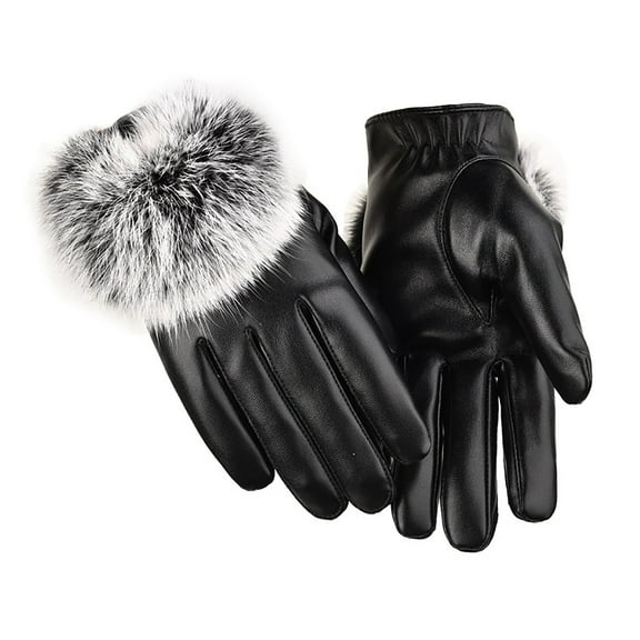 QQAMB Womens Touchscreen Rabbit Cuff Gloves Winter Fur Lined Sheepskin Leather Gloves Warm Driving Gloves Mittens
