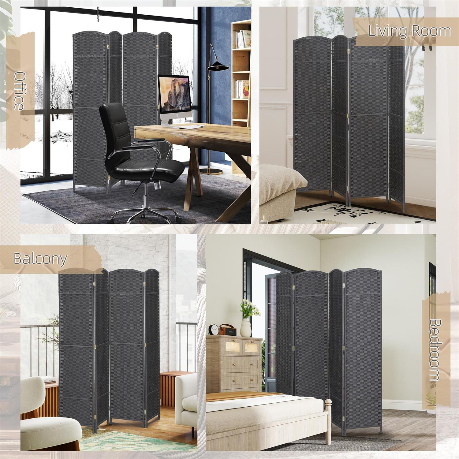 Demi Bonn 4 Panel Folding Room Divider Screen, 5.6' Tall Privacy Screen, Home Office Partition, Space Saving Design, Easy to Assemble, Gray