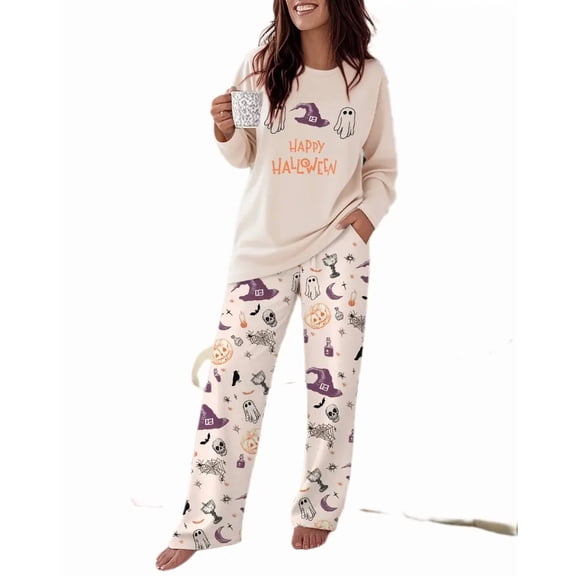 ChicMe Womens Pajama Sets Halloween Ghost Print Long Sleeve Tops and Pumpkin Graphic Elastic Waist Pants Casual Loungewear Beige-l