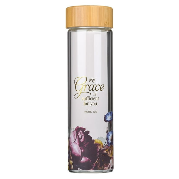 Christian Art Gifts Glass Water Bottle: My Grace is Sufficient for You - 2 Corinthians 12:9 with Insulating Sleeve and Bamboo Lid, 17 oz.