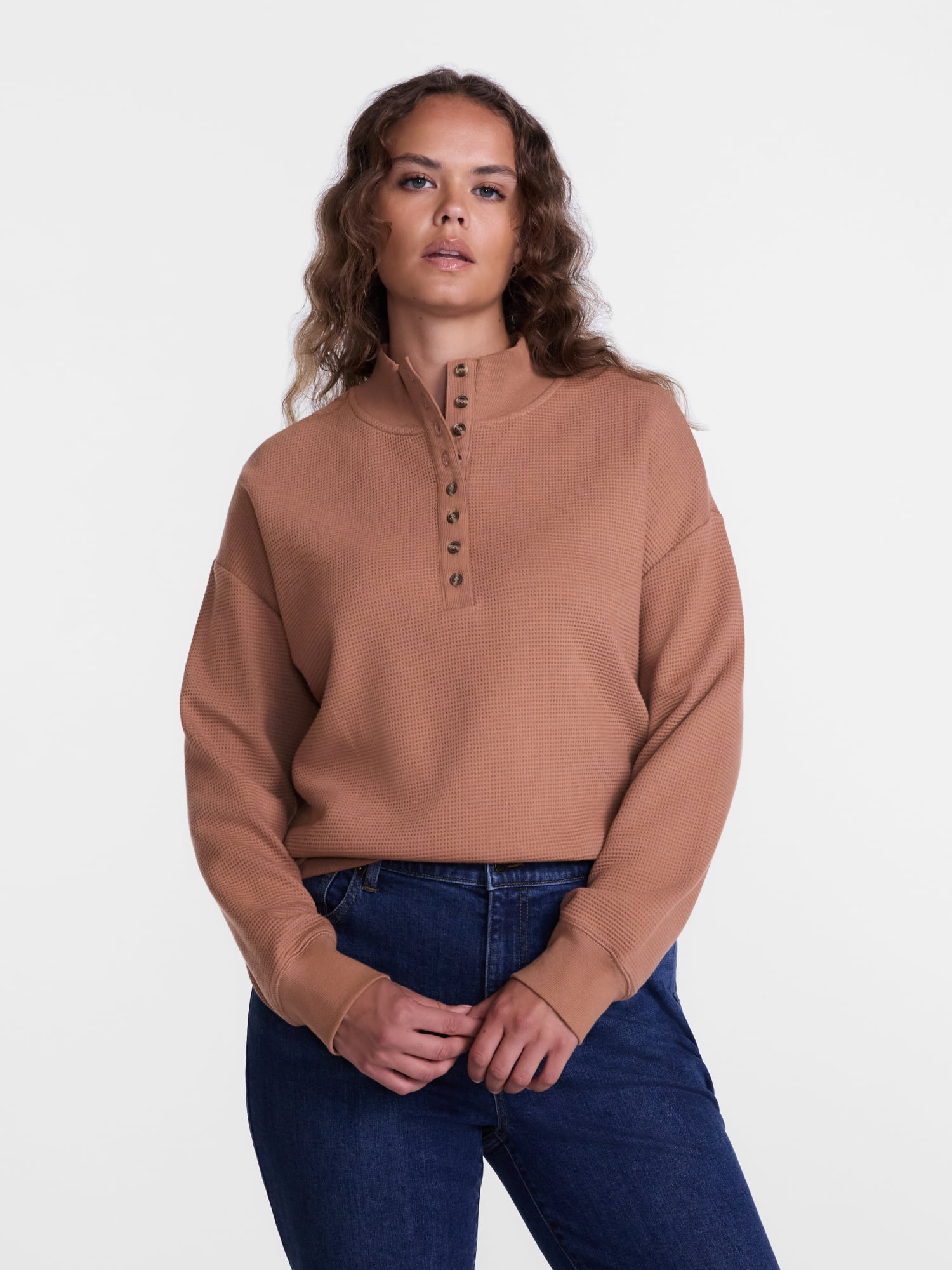 Scenario Women's and Women's Plus Waffle Knit Button Top with Long Sleeves, Sizes XS-4X