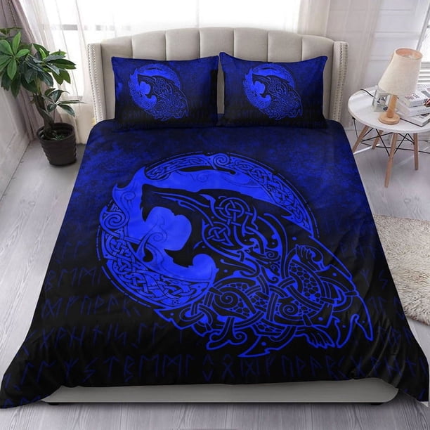 Juego de cama Vikingo Fenrir Vikingo Tatuaje 3D Versión Azul Juego de cama RLT12