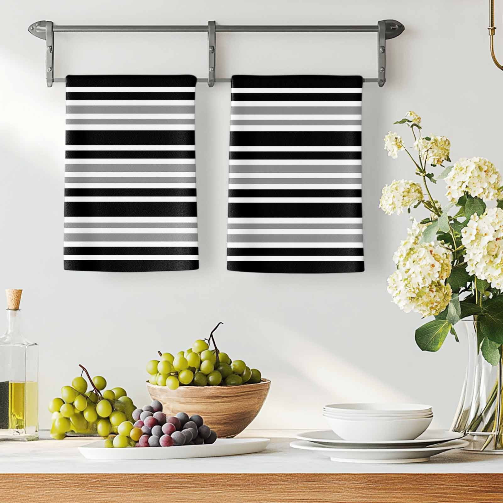 Dish Towels, Gray Black Stripes Absorbent Kitchen Towels 2 PCS, Contrast Striped Microfiber Hand Towels Dish Cloths Tea Towels for Home&nbsp;Bathroom Cleaning Drying,18X28-Inch,