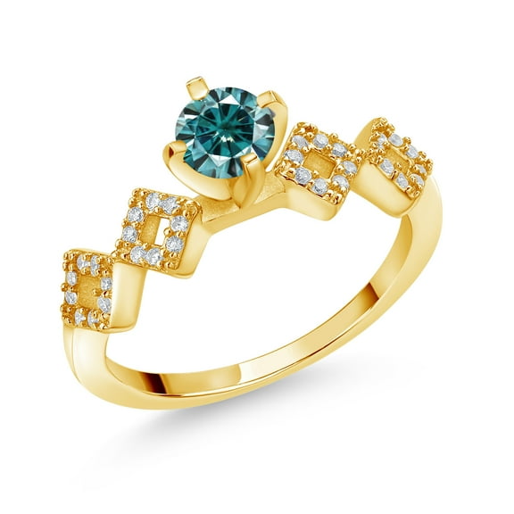 Gem Stone King 18K Yellow Gold Plated Silver Ring Round Blue Moissanite and (0.88 Cttw, Size 6)