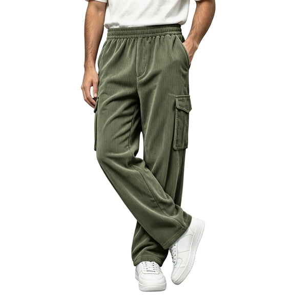 WIZUTIZ Men's Corduroy Jogger Pants Elastic Waist Relaxed Fit Solid Color Casual Lounge Pockets Trousers