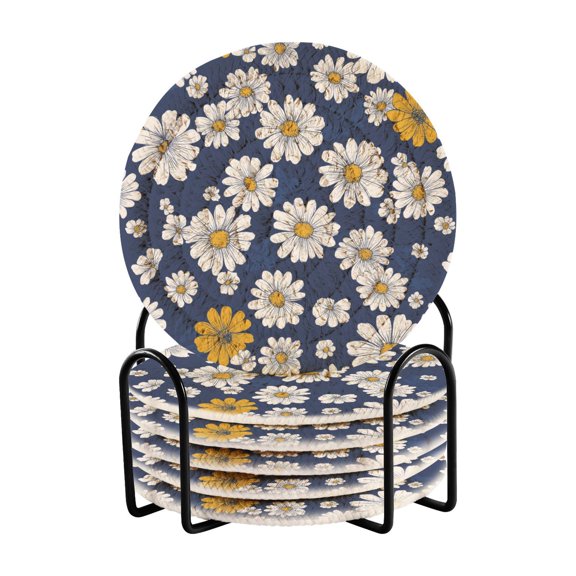 Yayeee 6 PCS Drink Coasters with Holder Set Woven Absorbent Round Tabletop Hot Pad, Retro Daisy Pattern