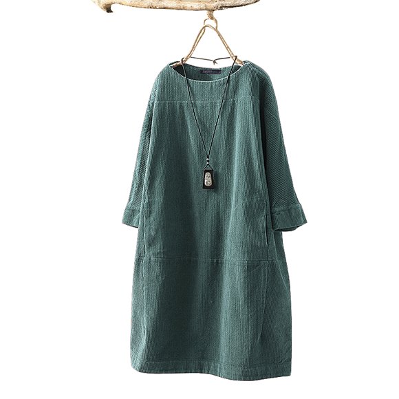 ZANZEA Women Pure Color Long Tops Casual Vintage Corduroy Midi Dress