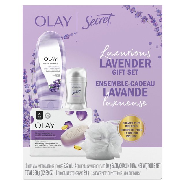 Luxurious Lavender Premium Gift Set with Secret Aluminum Free Deodorant, Olay Moisture Ribbons, Olay Age Defying Bar Soap and Shower Puff