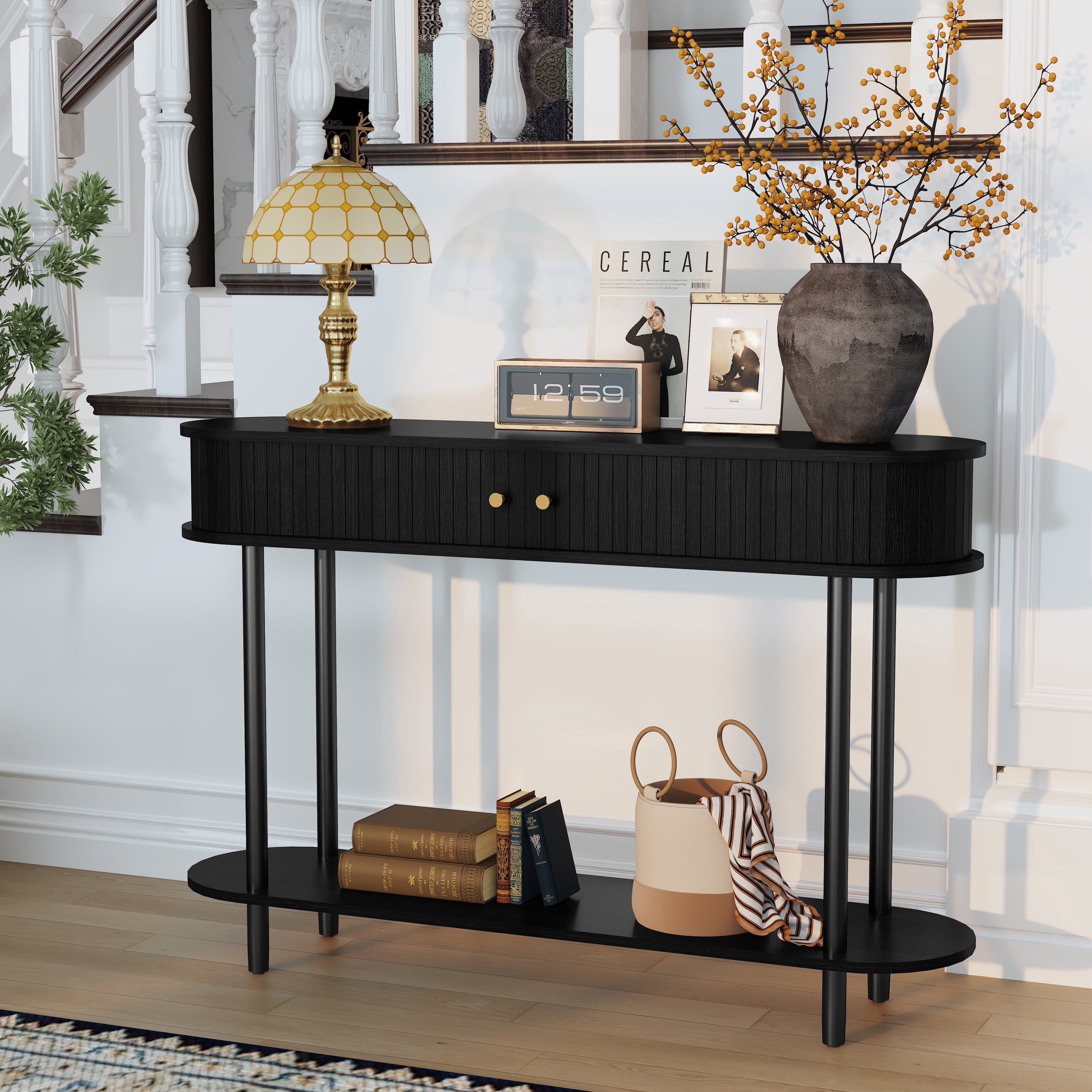 HLR 47.2" Farmhouse Console Table, Entryway Table with 2 Tambour Doors for Living Room, Black