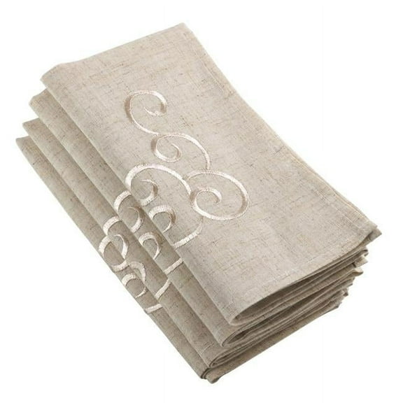 SARO 20 in. Square Embroidered Swirl Design Linen Blend Napkin - Natural Set of 4