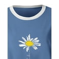 thumbnail image 4 of Fangasis Ladies Tee Letters Design Tops Daisy Print T Shirt Women Loose Pullover Color Block Dailywear Tunic Blouse Blue M, 4 of 6