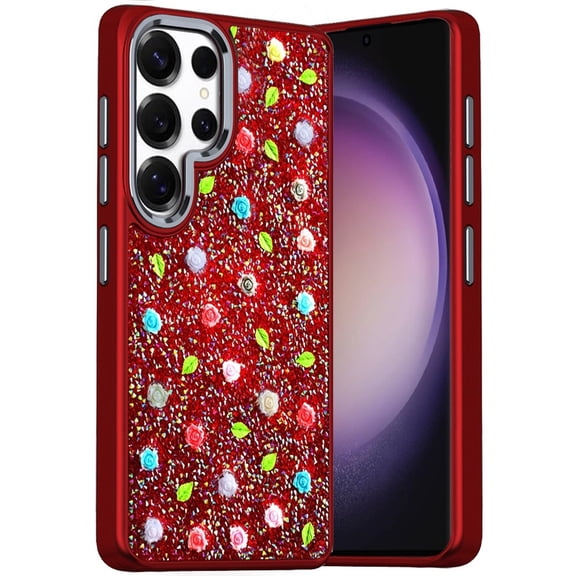 For Samsung S23 Ultra Stick-On Embedded Glass Diamonds of Colorful Floral Arrangement HQ Hybrid Case - Red
