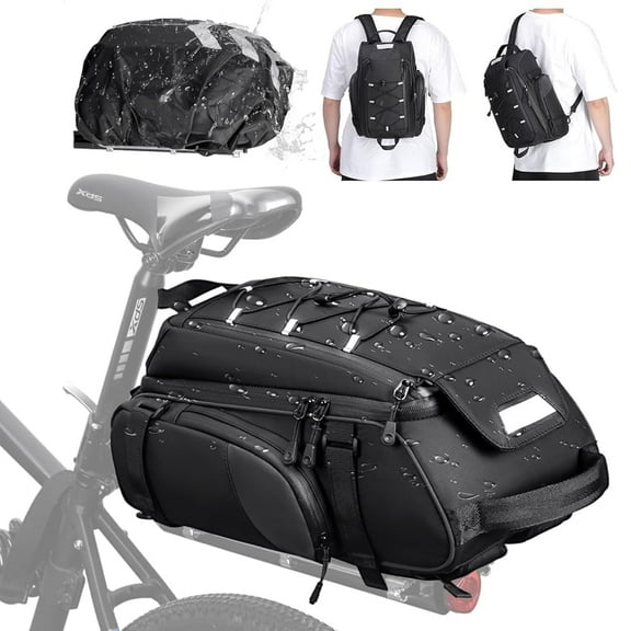 RAINSMORE Bike Bags for Bicycle Rear Rack 15L Waterproof Bike Ebike Trunk Pannier Saddle Bag with Rain Cover Bike Accessories Backpack Shoulder Bag for Commuter Travel Outdoor, Black