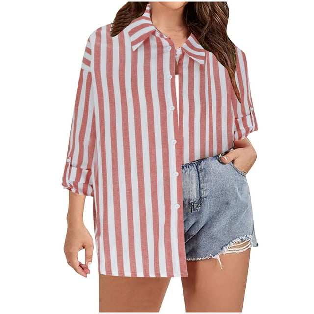 vdgthytj Cotton Linen Tops for Women Casual Long Sleeve Button down Lapel Shirts Fall Plus Size Stripes Print Blouses