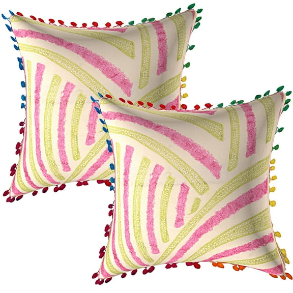 Stylo Culture Indian Sofa Throw Pillow Covers 16 x 16 Towel Embroidered Parrot Green Bright Pink Zippered 40cm x 40cm Pom Pom Lace Cotton Striped Square Cushion Covers | Set Of 2