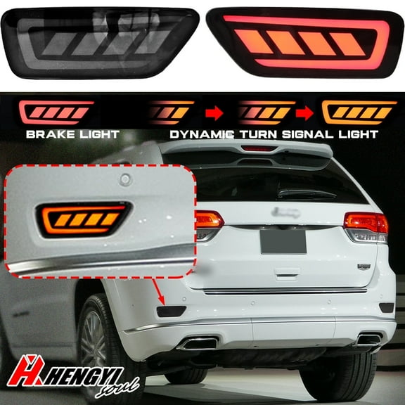 1 Pair LED Rear Bumper Reflectors for Jeep Grand Cherokee 2011-2021 / for Campass 2011-2018/for Dodge Journey 2013-2016, Fog Brake Tail Light Lamp, Smoke Tinted Black