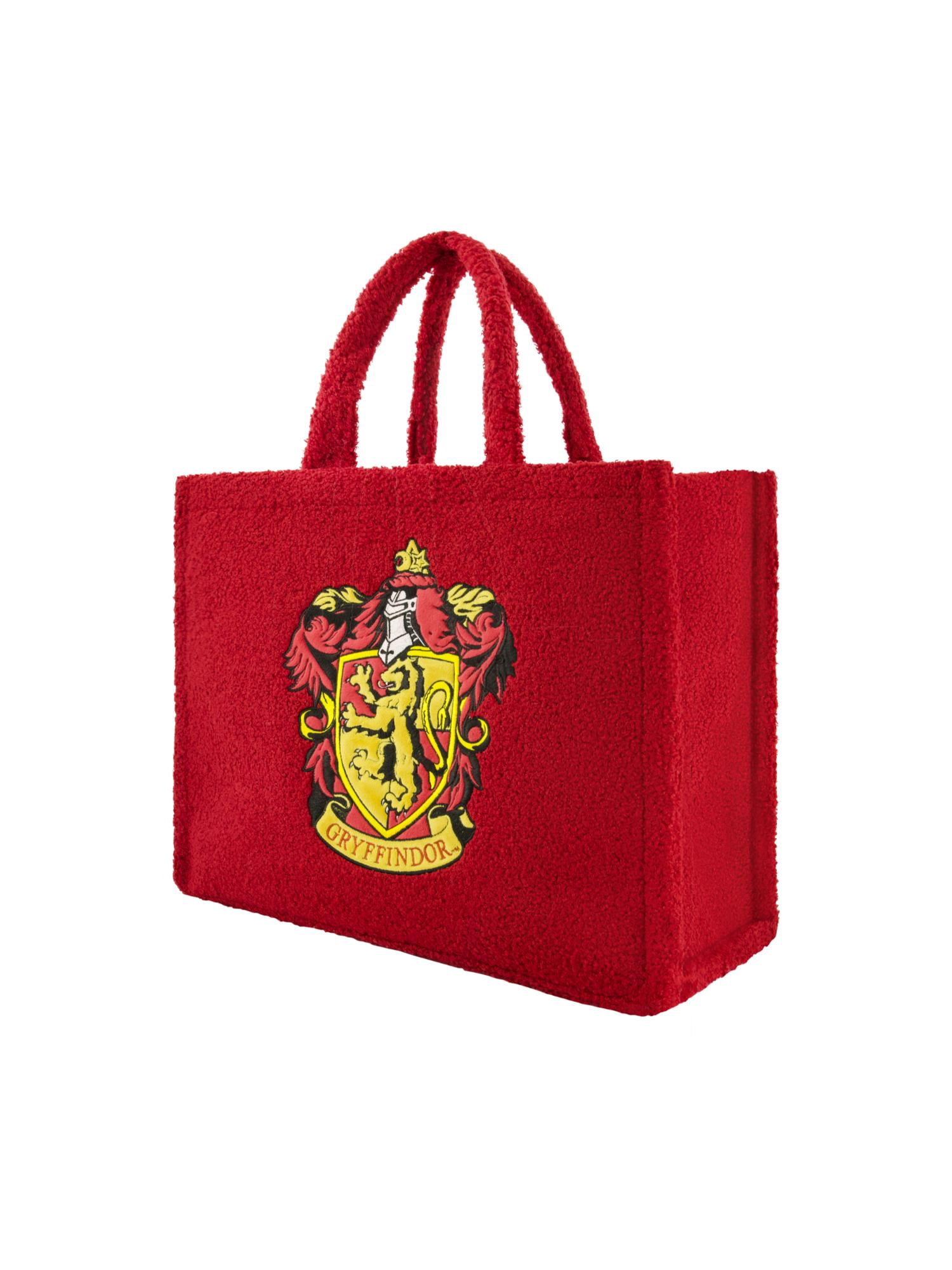 Harry Potter Tote Bag, Gryffindor Crest Faux Fur Travel Handbag with Adjustable Shoulder Strap and Trolley Sleeve, Red