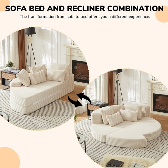 78.5" Corduroy Boneless Round Oversized Sofa Couch Converts into 2 Recliners, 2-in-1 Sofa Bed, Convertible Lounge Chair Neck Pillow Design with 5 Throw Pillows for Bedroom, Apartment, Beige