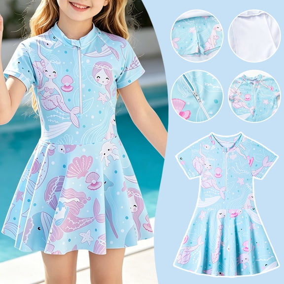 Baby Girl Swimsuit Mermaid Print Crew Neck Front Zip Short Sleeve One Piece Swim Dress Beach Vacation Baby Girl Bathing Suit Blue 6 Years-7 Years