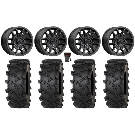 MSA Fang 15" Wheels Black ( 38mm) 33" Outlaw M/T Tires Kawasaki Teryx Mule
