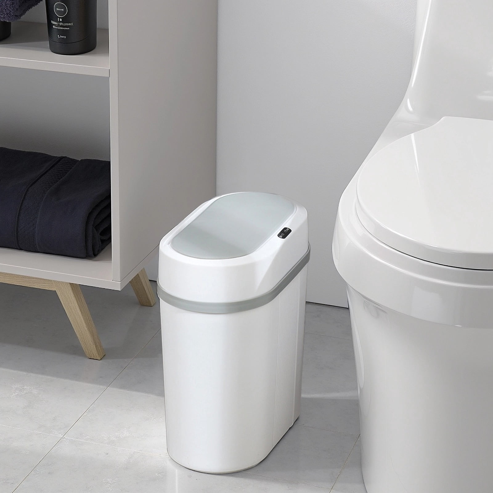 Touchless Slim Trash Can, Automatic Trash Can with Flip-up Lid, Motion Sensor Garbage Can for Tight Space Living Room Bedroom Bathroom Kitchen, White & Grey