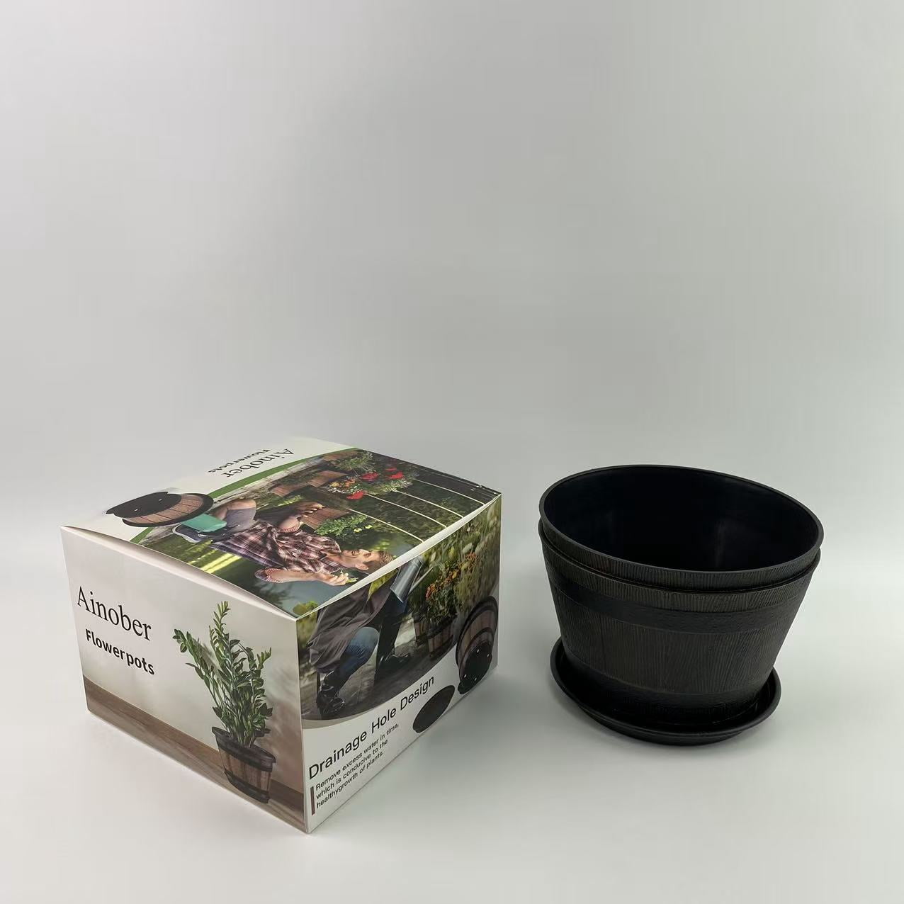 Ainober Flowerpots,10 inch Plant Pots,Plastic Decoration Flower Pots Imitation Wine Barrel Design, for Indoor & Outdoor Garden Home Plants (Brown)