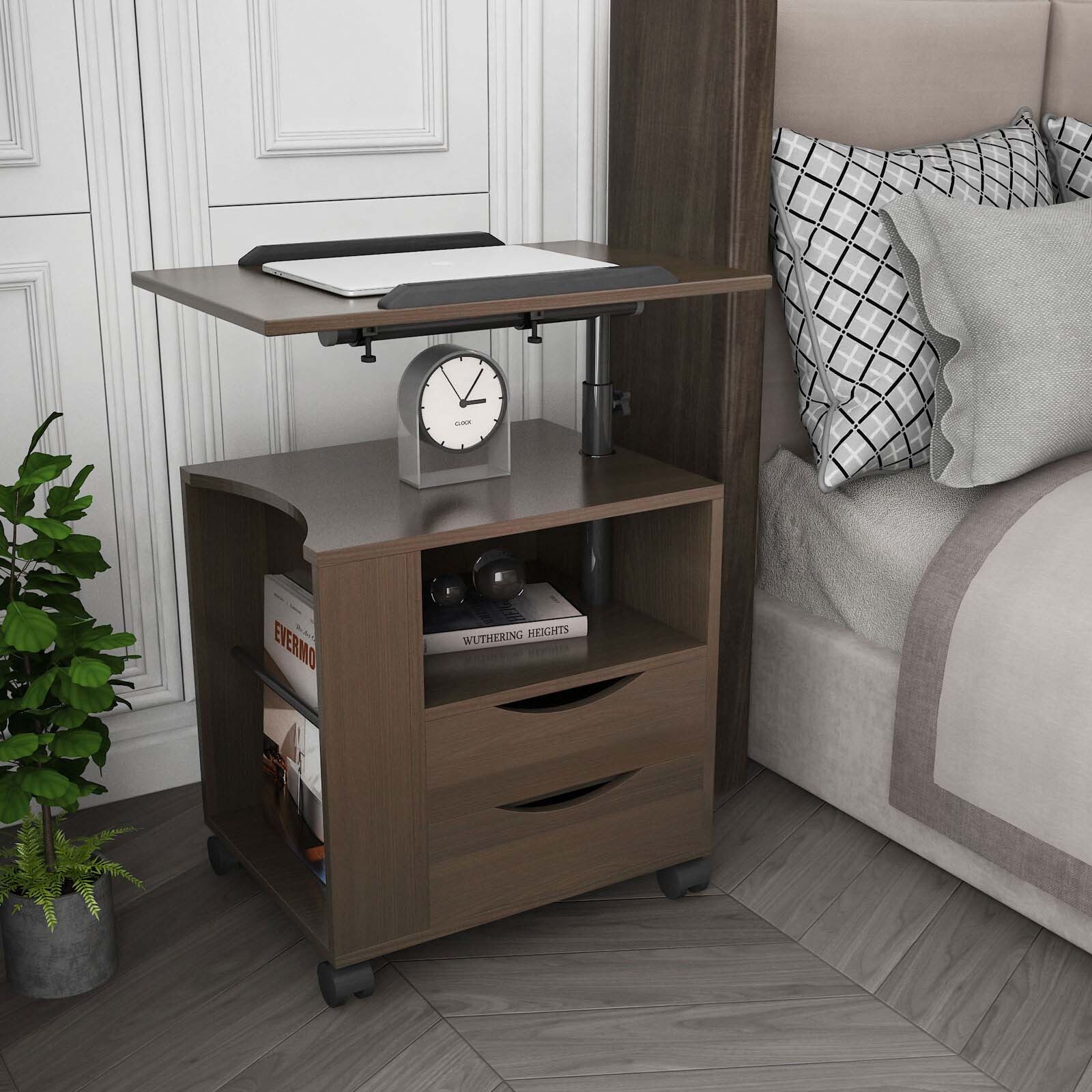 MASBEKTE Height Adjustable Overbed End Table Wooden Nightstand with