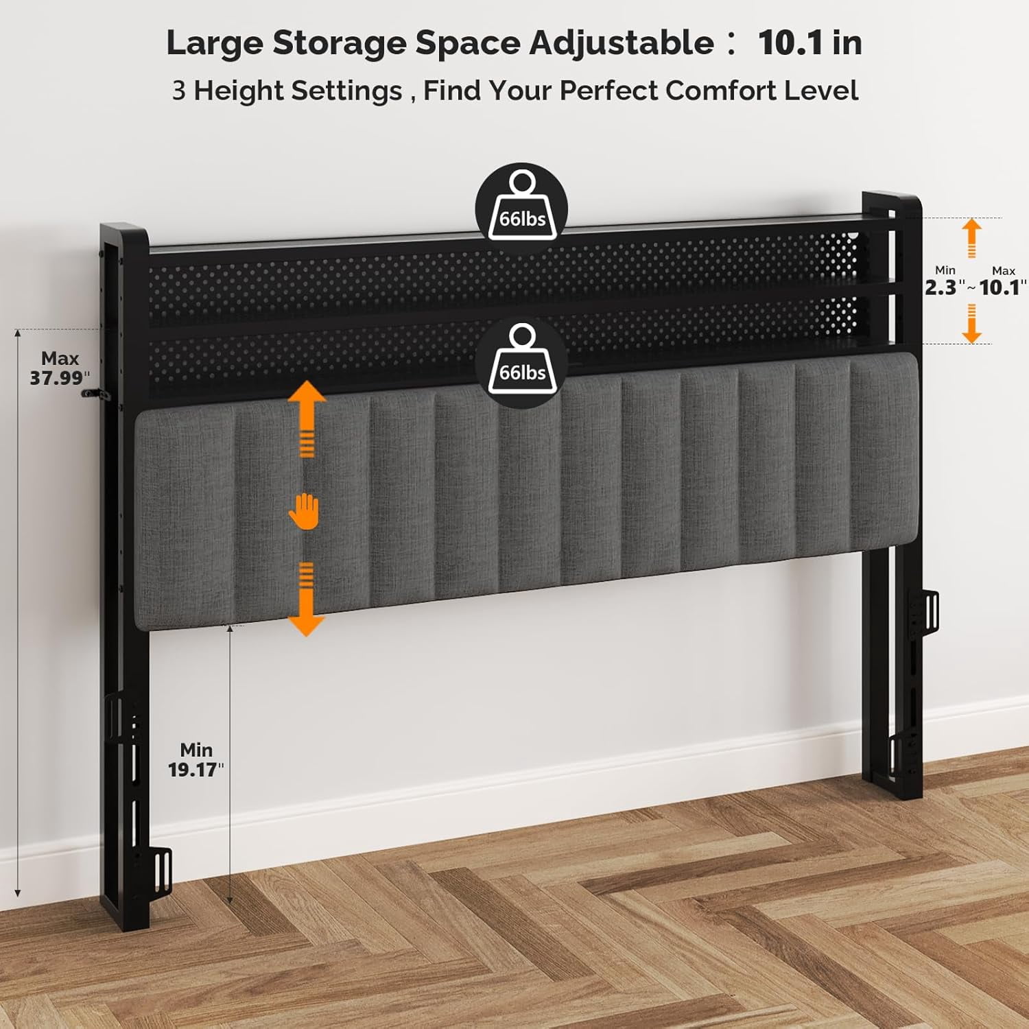 Queen Size Headboard with Storage and LED, Adjustable Upholstered Headboard with 3 Tier Shelves and Pegboard, Modern Bed Headboard with Charging Station for Bedroom Decor, Dark Grey