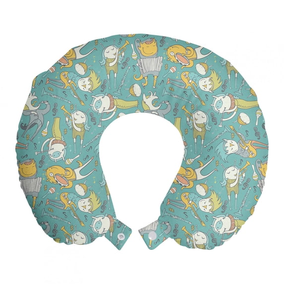 Nursery Travel Pillow Neck Rest, Cartoon Repetitive Pattern of Childish Musician Monsters, Memory Foam Traveling Accessory Airplane and Car, 12", Seafoam and Multicolor, by Ambesonne