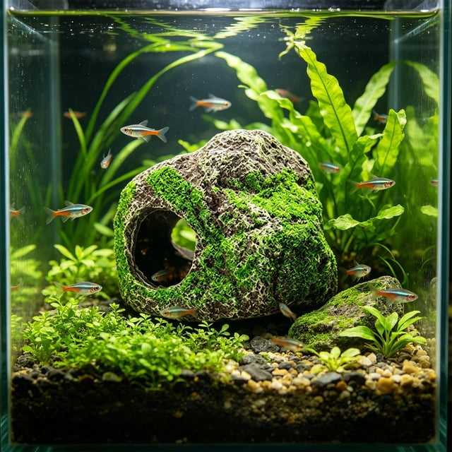 Cueva de resina para acuario, decoración para peceras – Adorno de roca de arenisca natural con entrada grande para peces, camarones y tortugas – Refugio acuático para terrario o acuario paisajístico