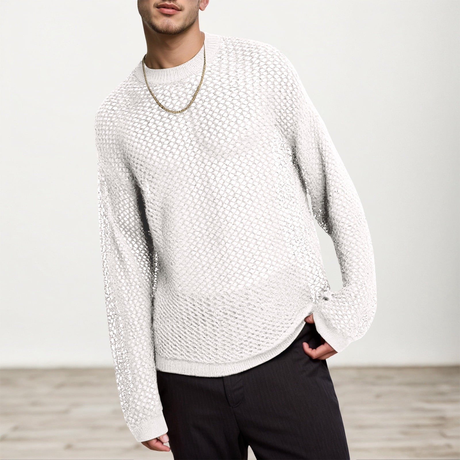 Men Hollow Out Crochet Knit Tops,Summer See Through Crew Neck
