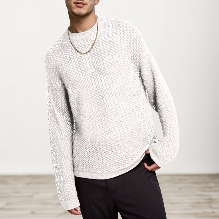 Men Hollow Out Crochet Knit Tops,Summer See Through Crew Neck