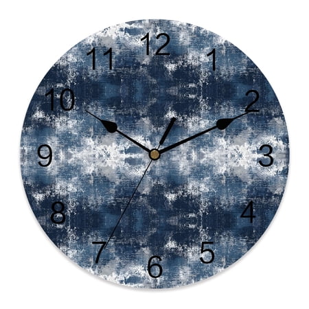 Wall Clock 12 Inch Deep Navy Blue Round Silent Decorative Wall Clocks Battery Operated for Living Room Bedroom Kitchen Classroom Decor, Retro Distressed Washed Tie-dye Texture