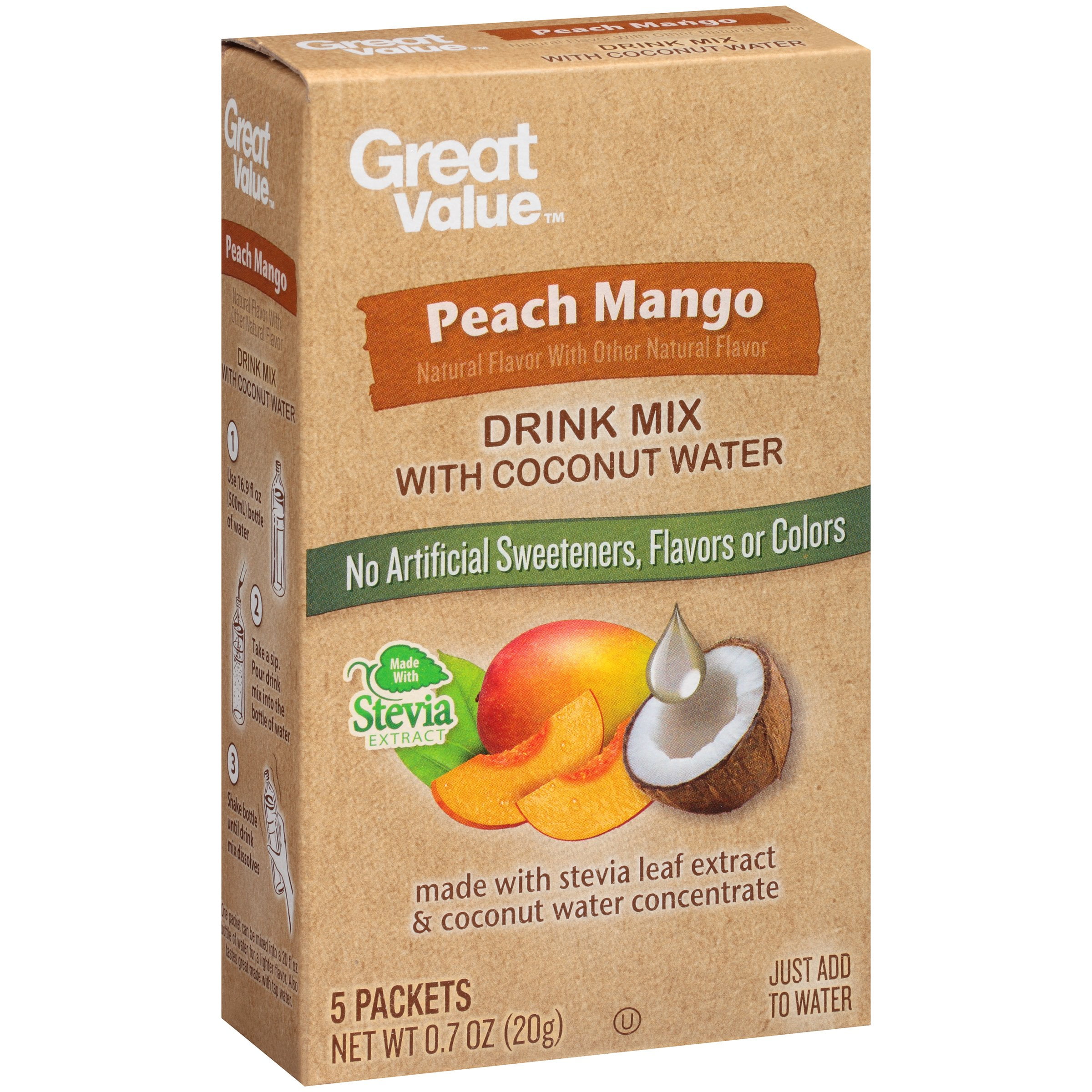 Great Value Peach Mango Drink Mix With Coconut Water 0 7 Oz 5 Count Walmart Com Walmart Com