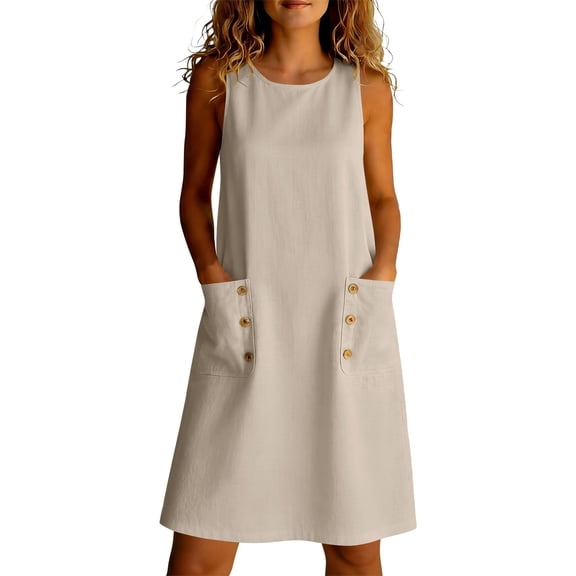 ZQUUVOU Women's Summer Linen Dress Sleeveless Round Neck Loose Fit Sundress with Pocket Casual Summer Vacation Outfits Beige