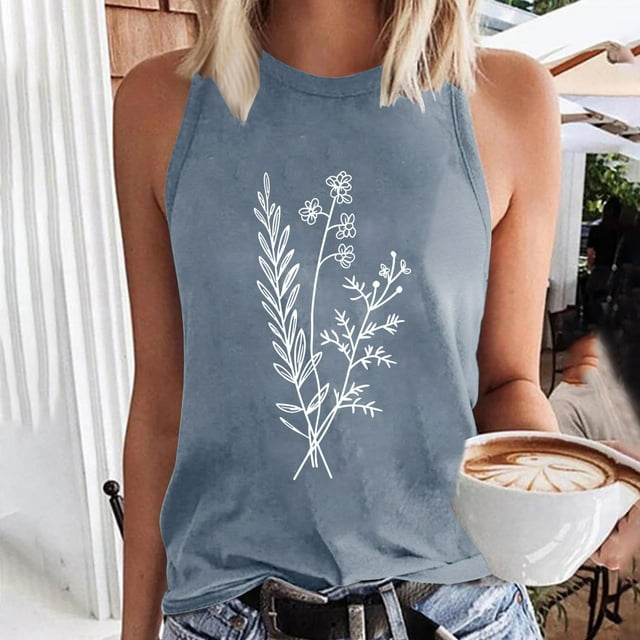 Sentmoon Hauts Grande Taille pour Femmes Col Rond Débardeurs pour Femmes Coupe Ample Imprimé Floral Sans Manches Tenues de Printemps 2025 Été Décontracté Femmes pour Brunch de Fin de Semaine Gris TG