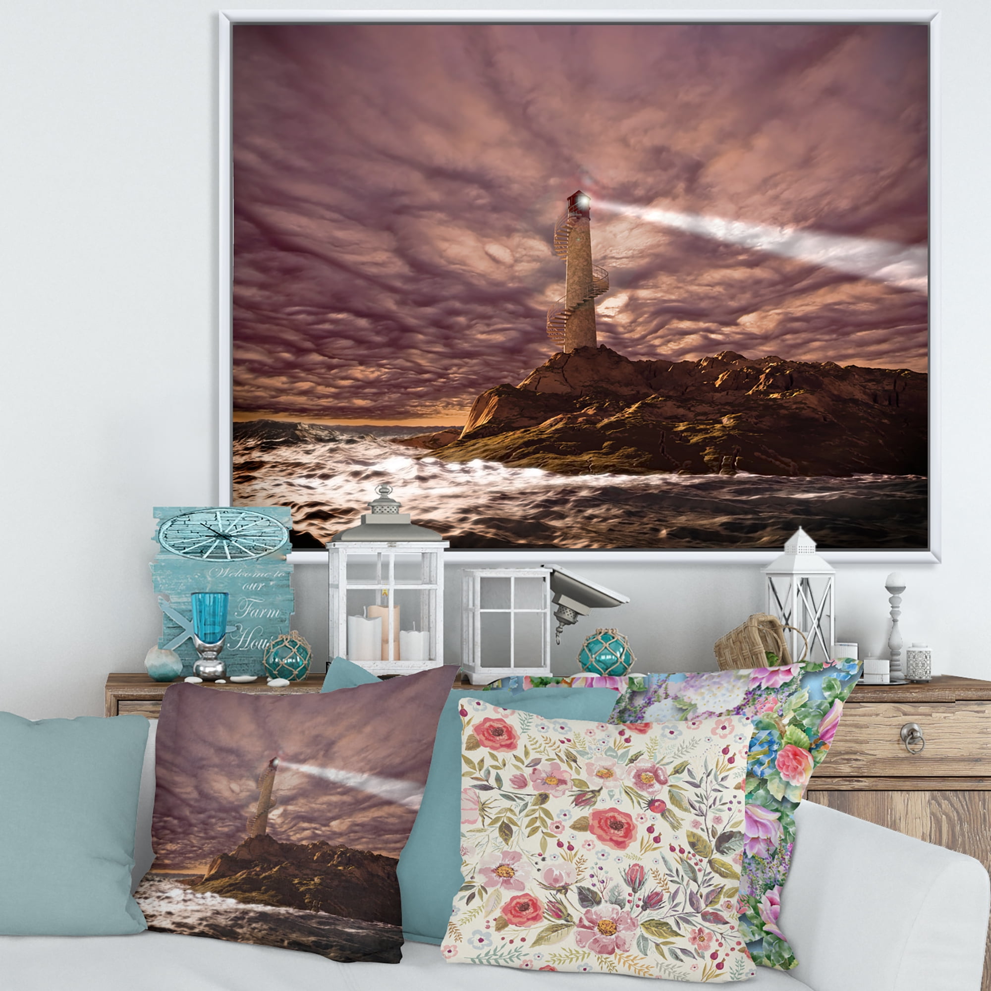 Designart 'Lighthouse Shining Light During Stormy Clouds Night I' Nautical & Coastal Framed Canvas Wall Art Print