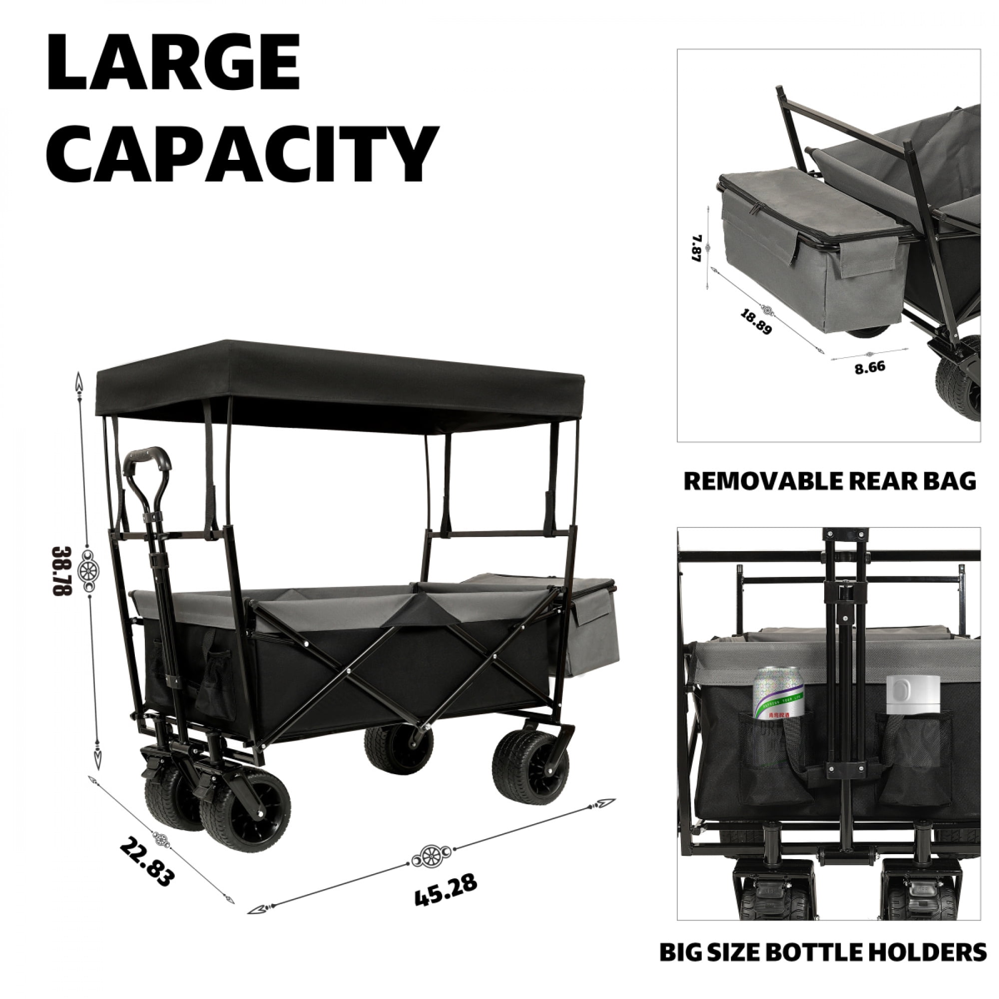 480Lbs Collapsible Wagon with Canopy, Wagon Stroller with 7" All-Terrain Wheels, Lightweight Foldable Large Capacity Wagon with Mosquito Net,Camping, Shopping, Sports & Garden Use,Black