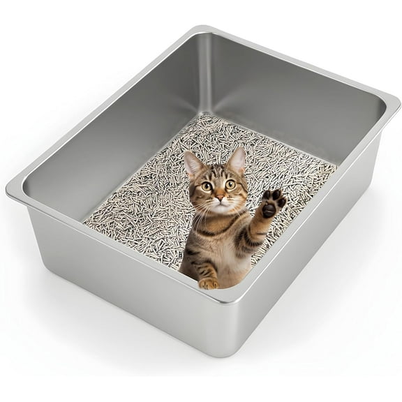 Stainless Steel Cat Litter Box XL- Metal High Sided Cat Pan, Large Stainless Steel Box, Indoor Litter Tray, Non Stick, No Smell, Easy to Clean, Pet Toilet Supplies for Kitten, Kitty, Rabbit