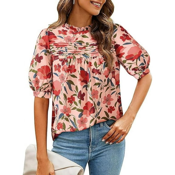 PRETTYGARDEN Floral Tops for Women Blouses Dressy Casual Summer Trendy Outfits Boho Pleated Short Sleeve Shirts