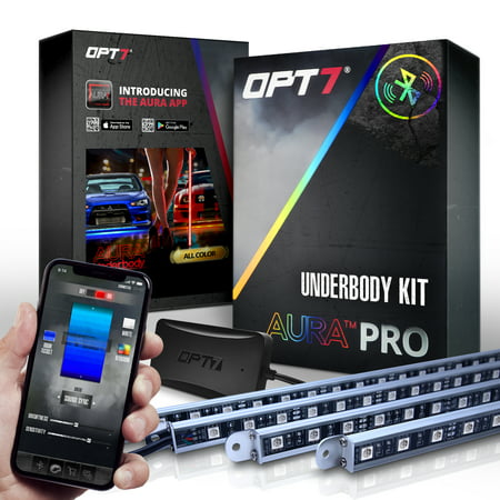 OPT7 AURA PRO All-Color LED Underglow Bluetooth Enabled Lighting Kit with SoundSync Music - 4 Rigid Aluminum Waterproof Glow Bars - iOS & Android