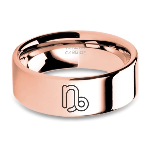 Capricorn Horoscope Sign Engraved Polished Rose Gold Tungsten Ring, 8mm, Size 15