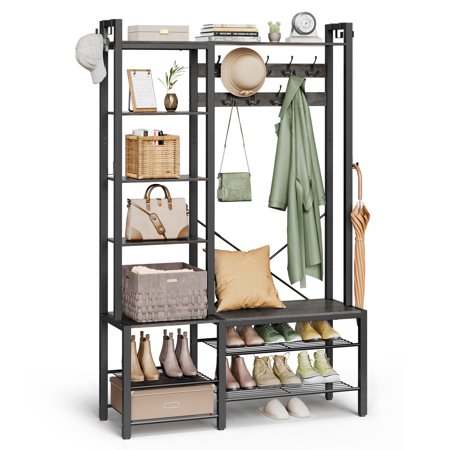 VASAGLE Hall Tree with Bench and Shoe Storage, Entryway Coat Rack with 5 Shelves and 15 Hooks 6 Side Hooks