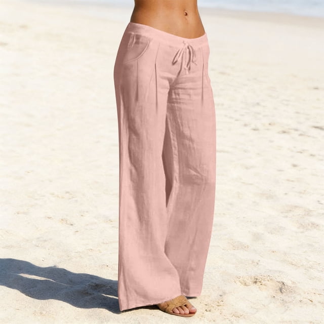 TaTaai Women Casual Cotton Linen Long Pants Solid Drawstring Ruched with Pockets Ladies Weekend Outdoor Vacation Wear Breathable No Fading Soft Comfortable Bottoms Gift