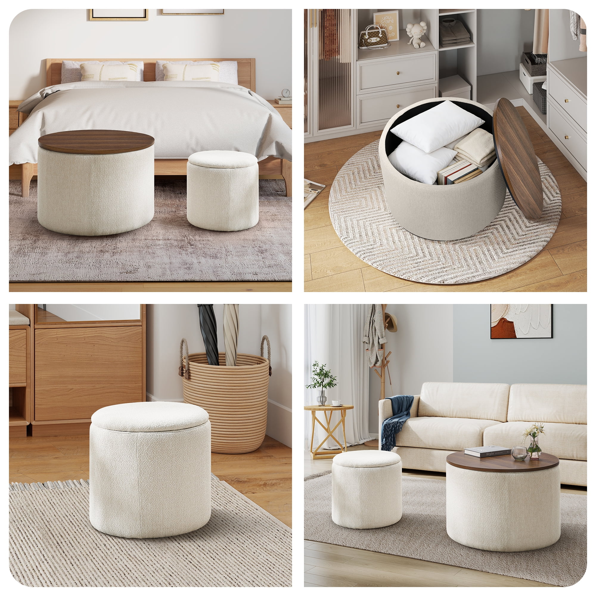 Aukfa 2-Piece Round Storage Ottoman Set with Vanity Stool, Chenille Upholstered End Table for Living Room & Bedroom, Beige