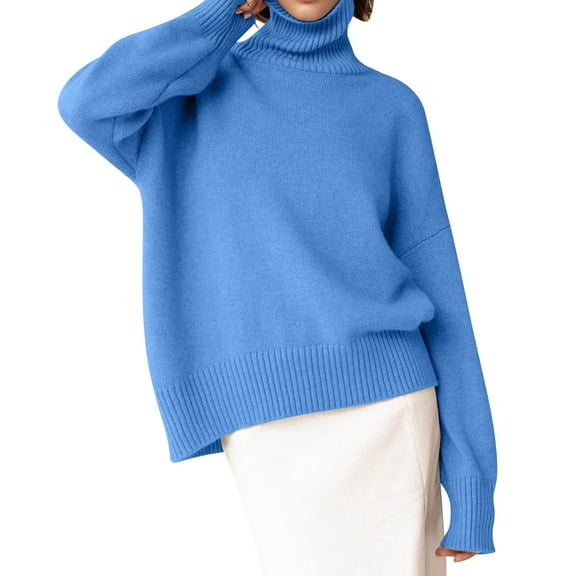 Women Mock Neck Sweater Chunky Long Sleeve Knitted High Low Hem Trendy Fall Winter Jumper Top Blue One Size
