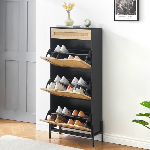 TROPOW Armoire à Chaussures, avec 3 Portes Rabattables et 1 Tiroir, Armoire à Chaussures d'Entrée avec Étagère Réglable, Armoire à Chaussures Autoportante pour Entrée, Couloir, Noir