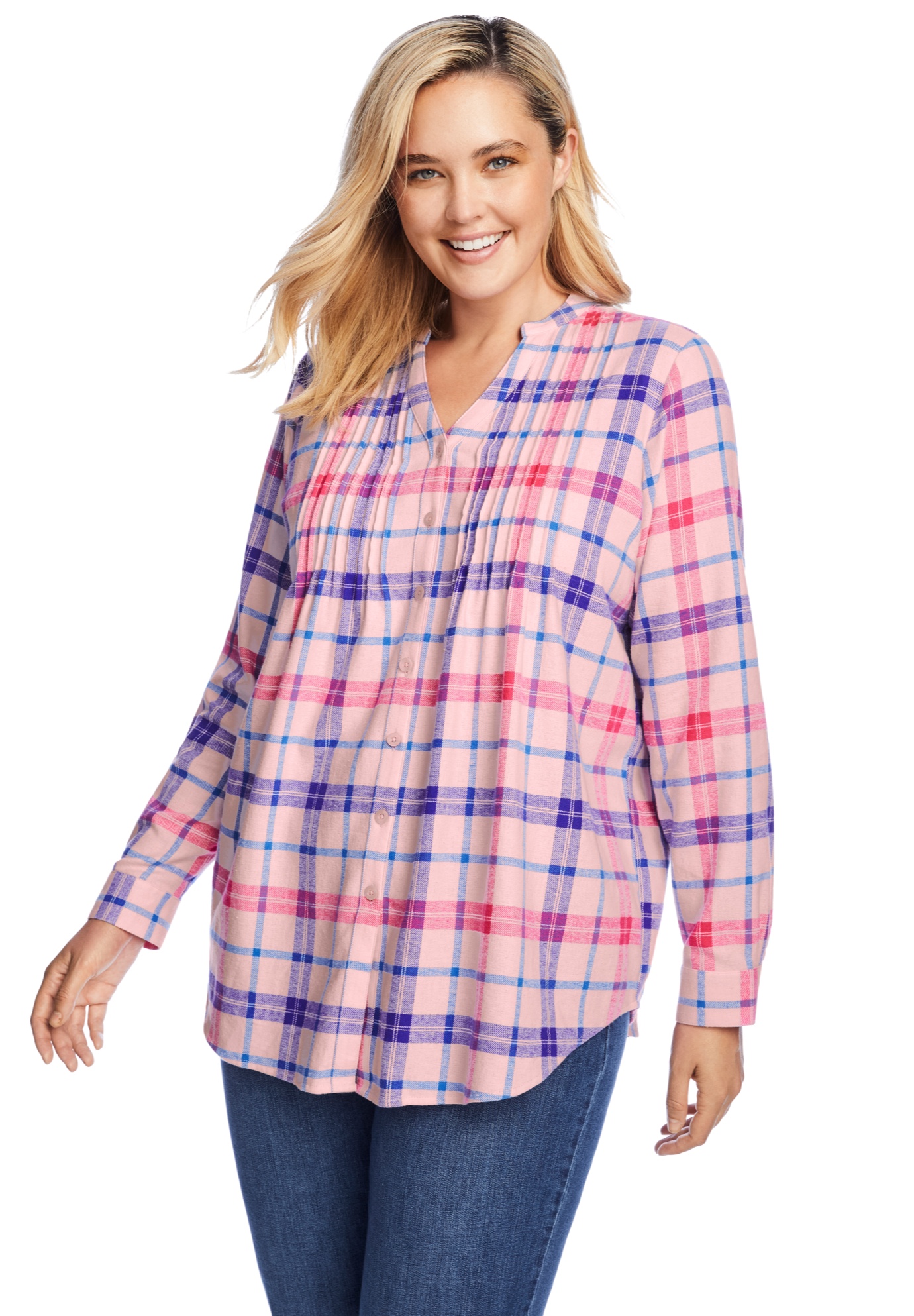 Woman Within Women's Plus Size Pintucked Flannel Shirt Shirt - Walmart.com